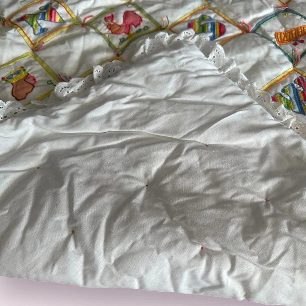 Vintage Handmade ABC Baby Blanket Top Embroidered Wall Hanging Ruffle Hem Decor